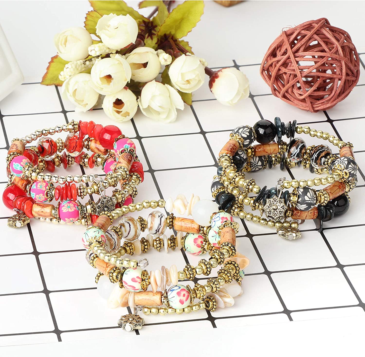 FIBO STEEL 6 Sets Bohemian Stackable Bead Bracelets for Women Stretch Multilayered Bracelet Set Multicolor Boho Jewelry - Image 5